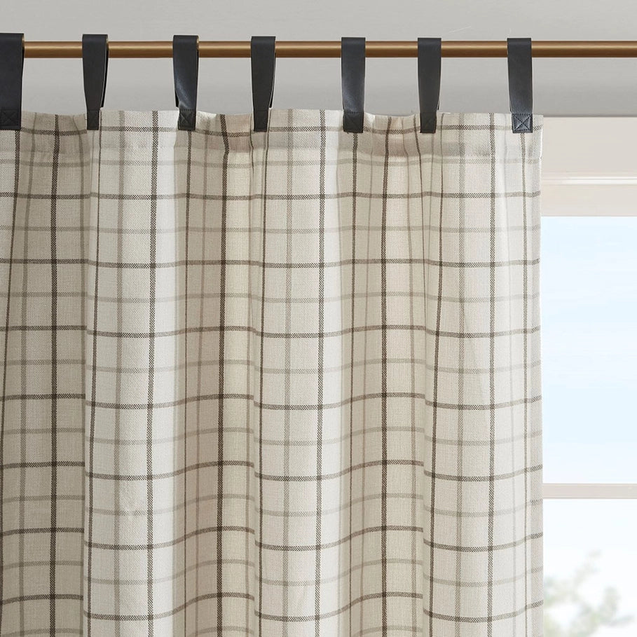 Beige Plaid Lined Curtain Panel with faux leather tabs - Your Western Decor