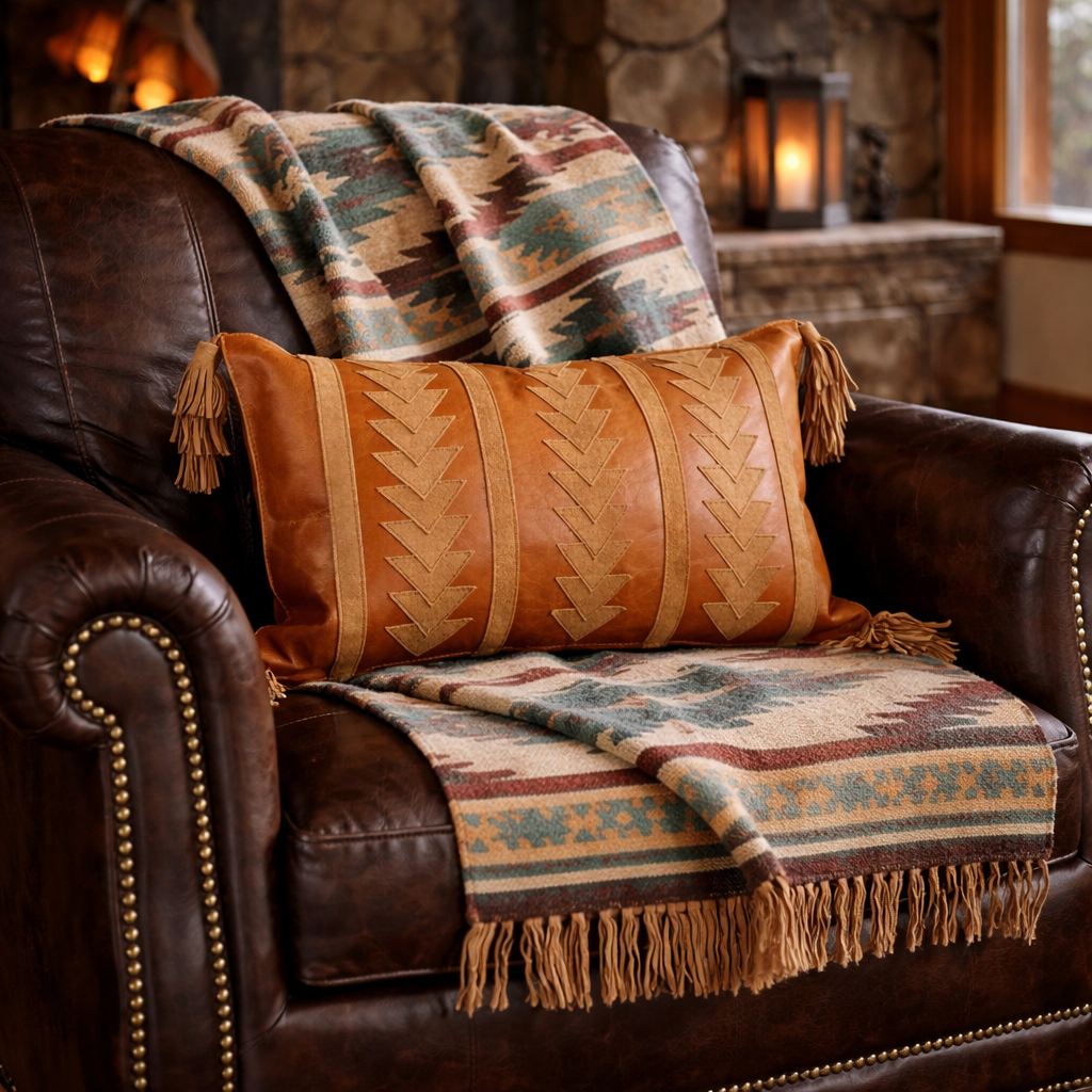 Tan leather throw pillow with arrow patch design and tassels styled on a brown leather chair with southwestern blanket in a rustic lodge setting