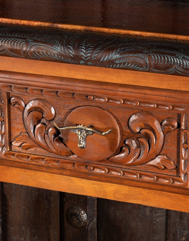Leather Copper & Carved Wood Console Table Detail - Luxury Furniture - Your Western Decor