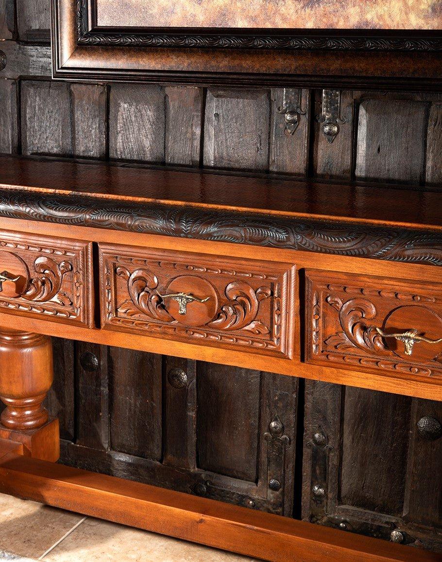 Leather Copper & Carved Wood Console Table - Luxury Furniture - Your Western Decor