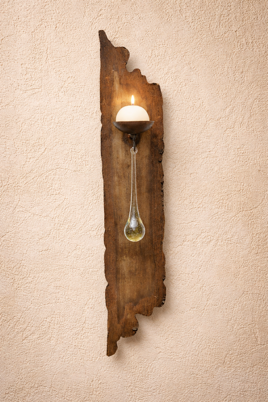 Decorative wall sconce with a rustic wooden design on a beige wall - Your Western Decor