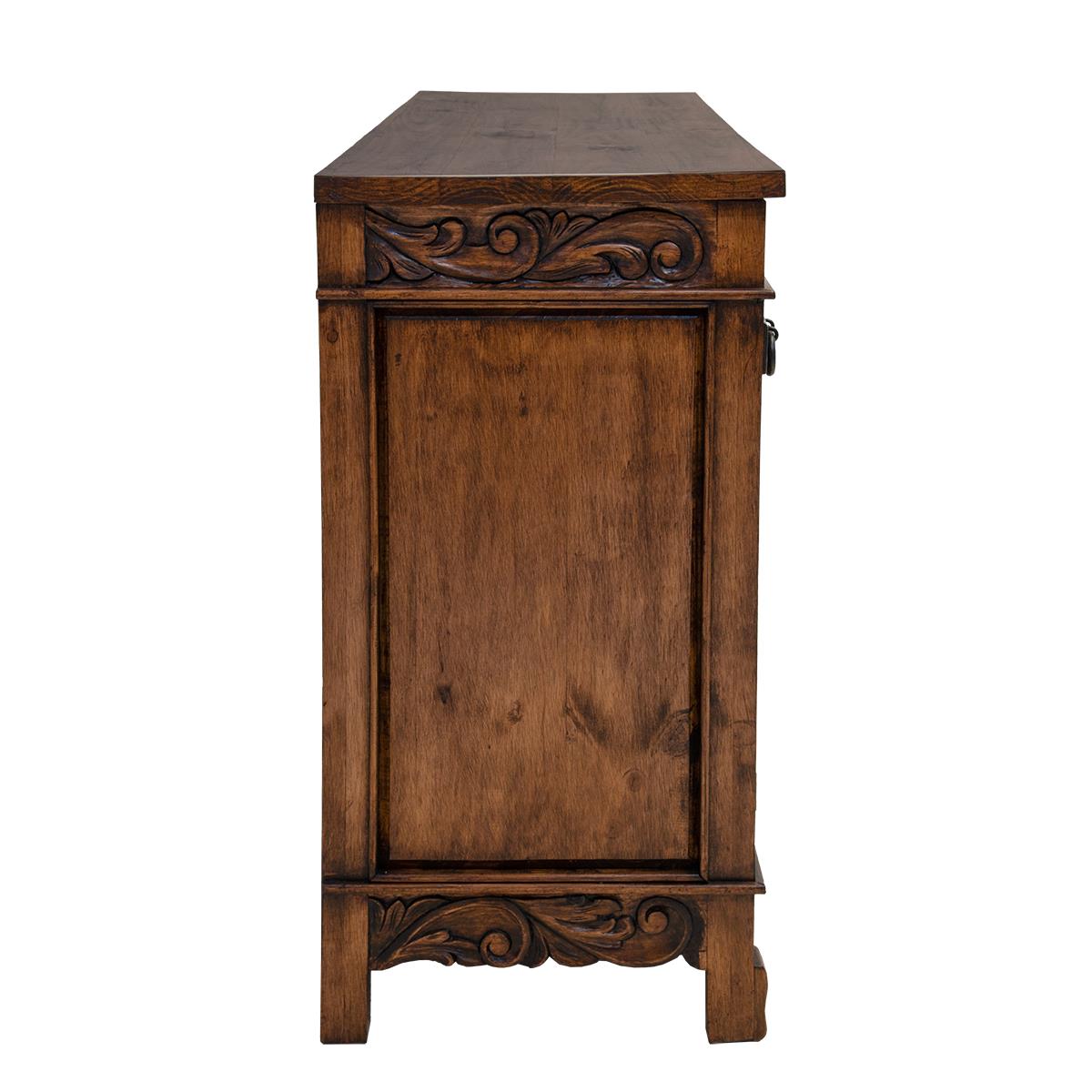 Side view of Legacy Ranch Sideboard with hand carved detail 