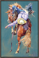 Painting of a cowboy riding a bucking horse against a blue background - Your Western Decor