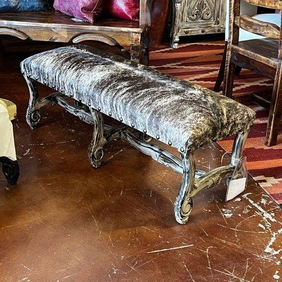 Fully grey brindle cowhide upholstered bench with hand carved frame - Your Western Decor