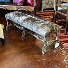 Fully grey brindle cowhide upholstered bench with hand carved frame 