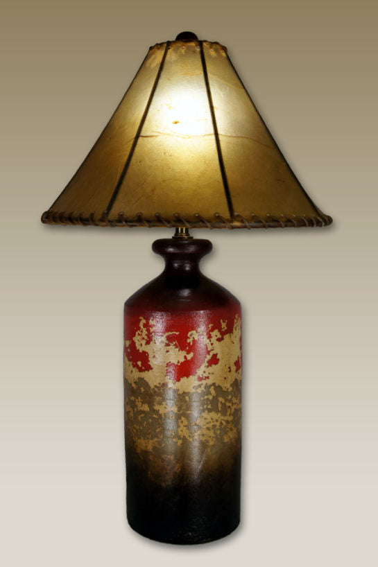 Hand painted ceramic rustic lamp with light brown rawhide lamp shade