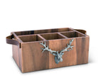 Acacia wood caddy with leather handles and pewter elk on front - Your Western Decor