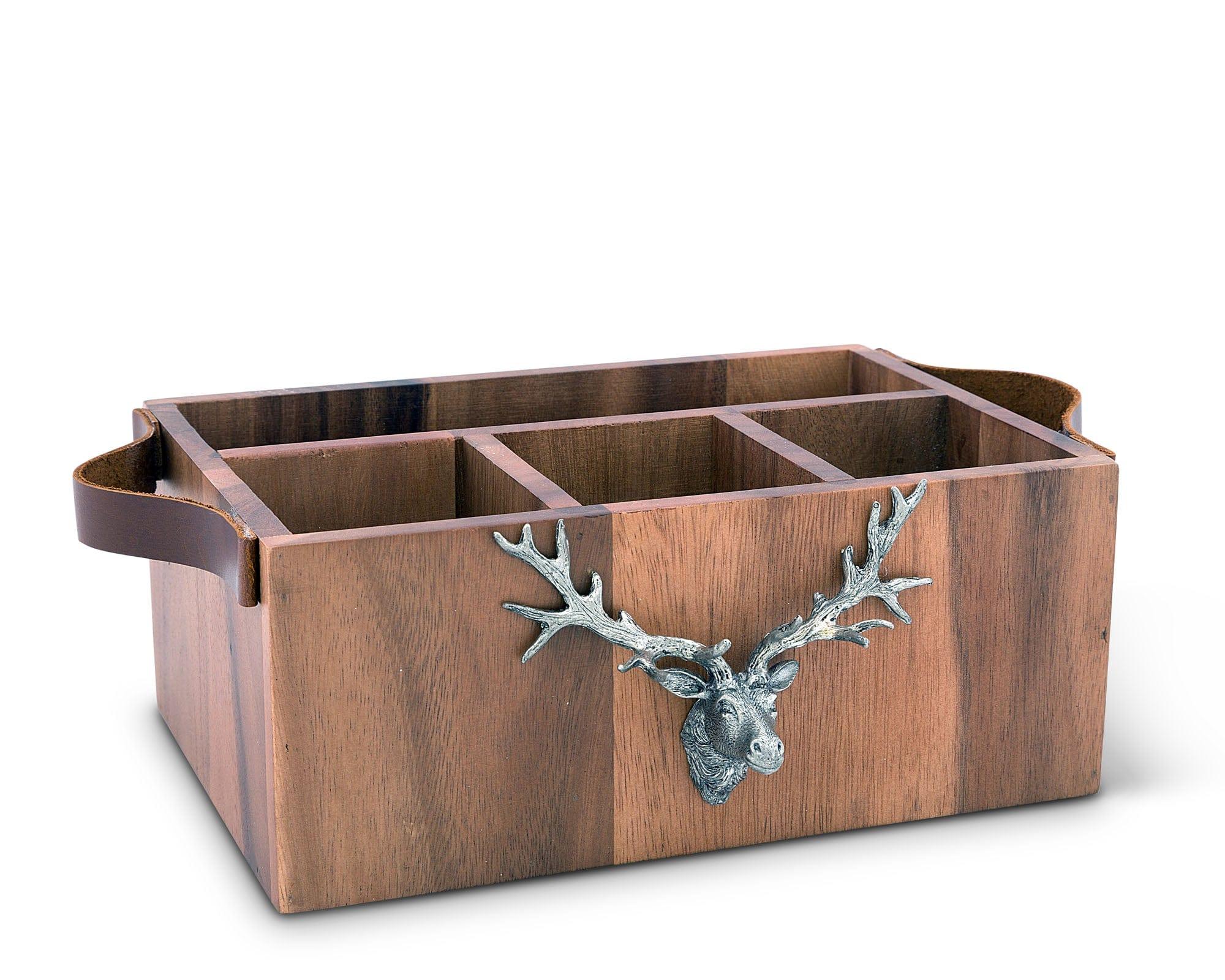 Acacia wood caddy with leather handles and pewter elk on front - Your Western Decor