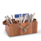 A wooden flatware caddy with pewter handles, featuring an elk head handle as the key handle, placed against a white background - Your Western Decor