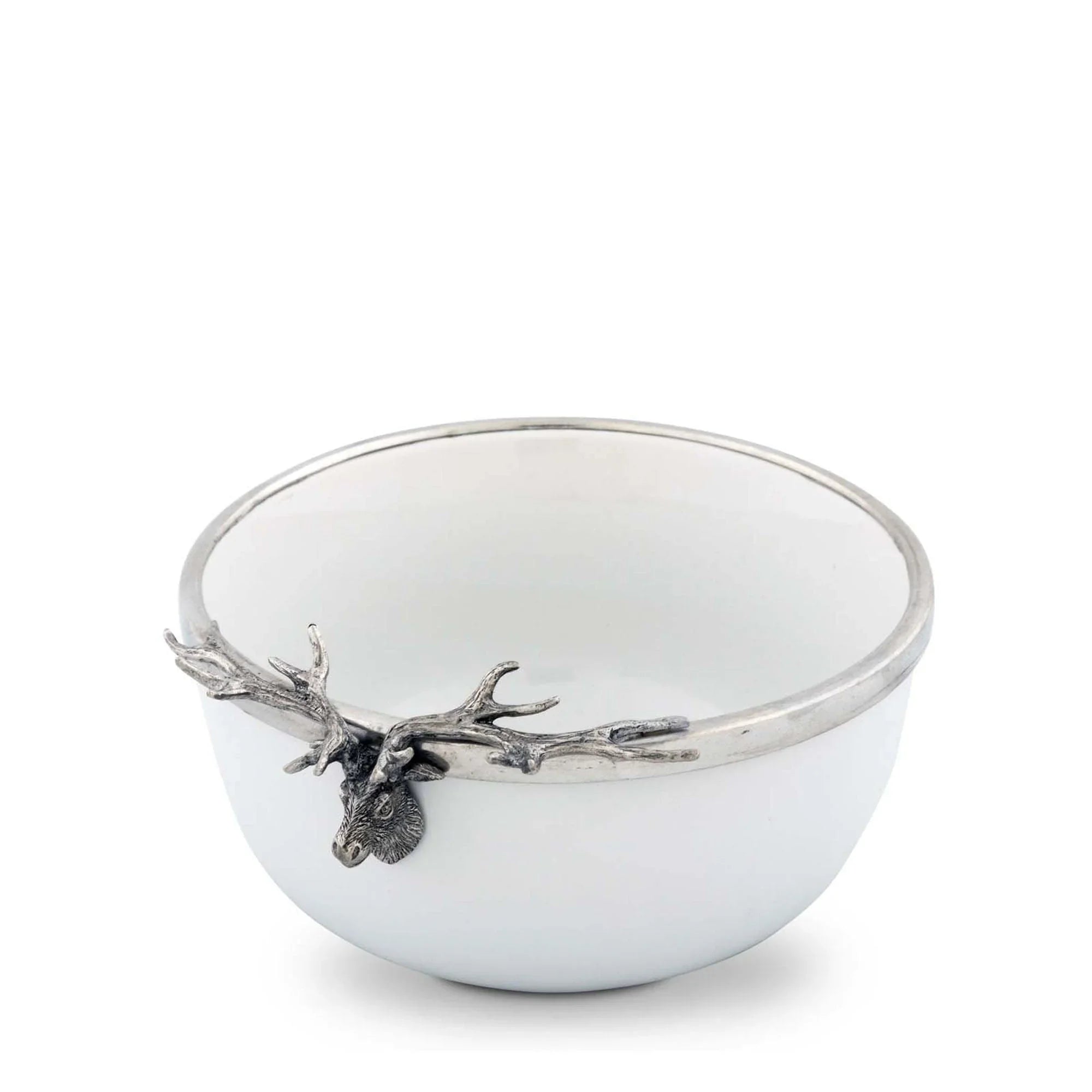 White serving bowl with silver rim and pewter elk head - Your Western Decor