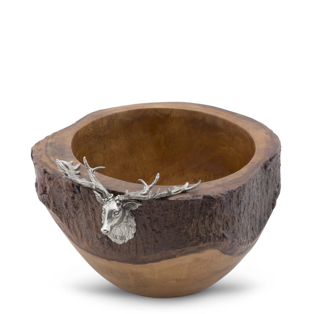 Wooden bowl with elk head sculpture on a white background