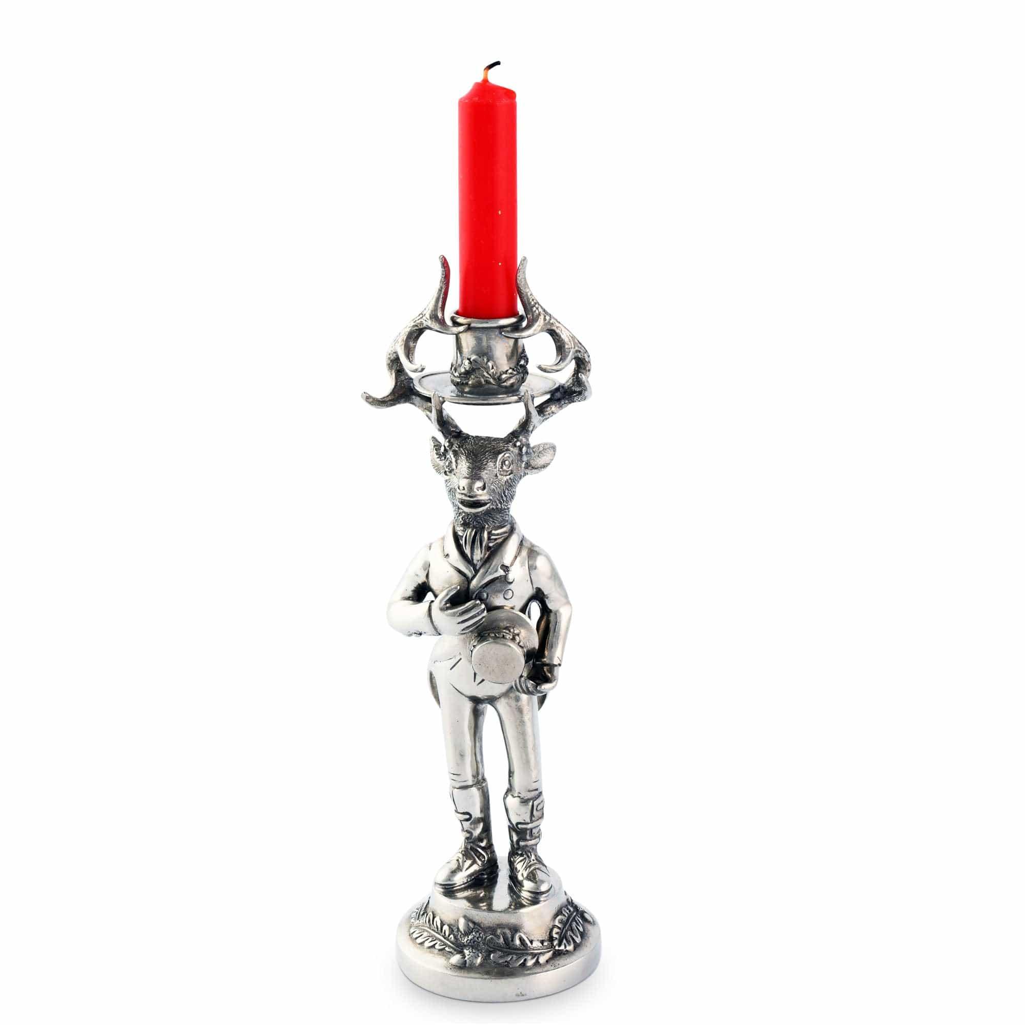 Silver elk candle holder with a red candle on a white background - Your Western Decor