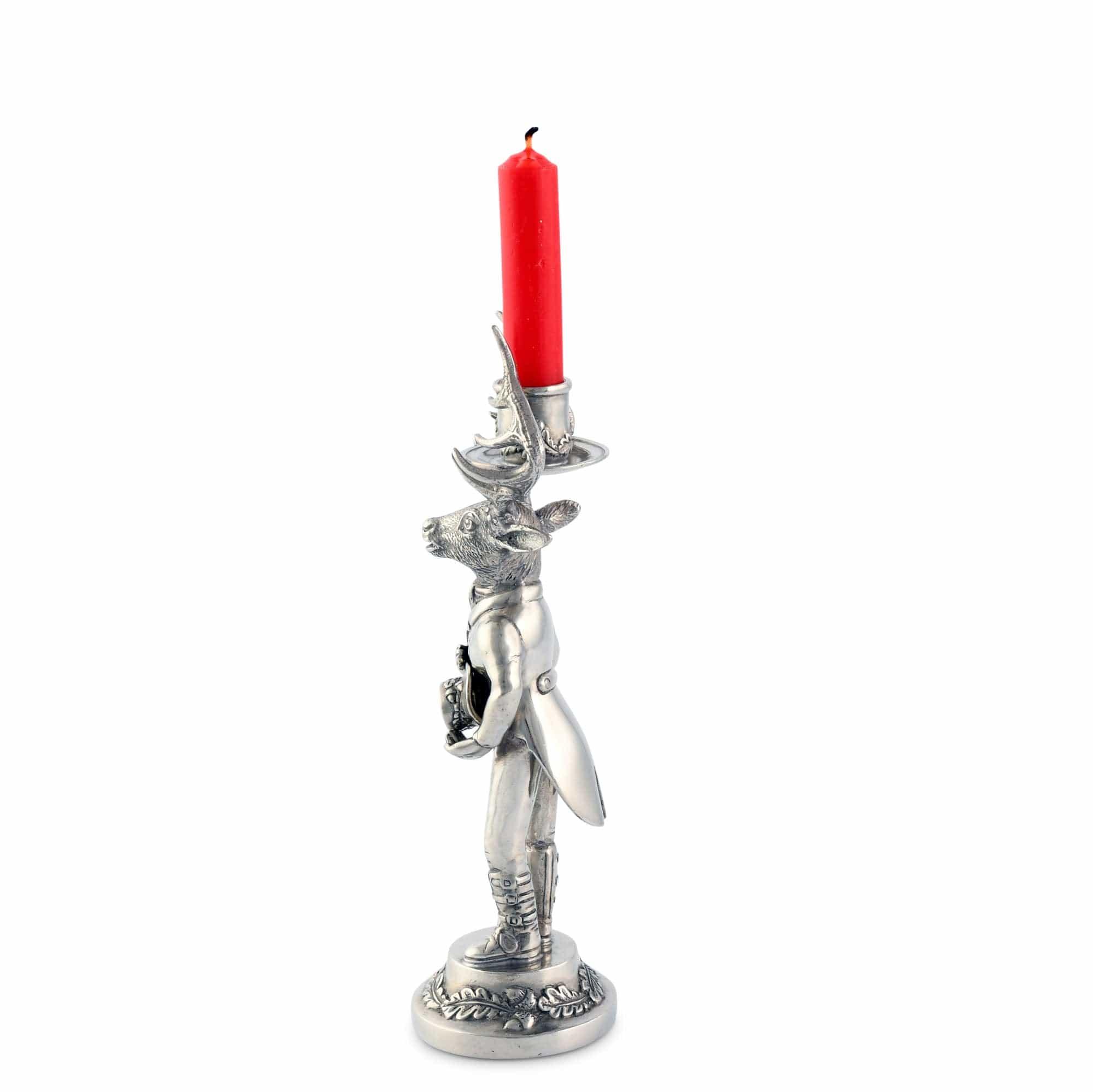 Pewter elk candle holder with a red candle on a white background - Your Western Decor