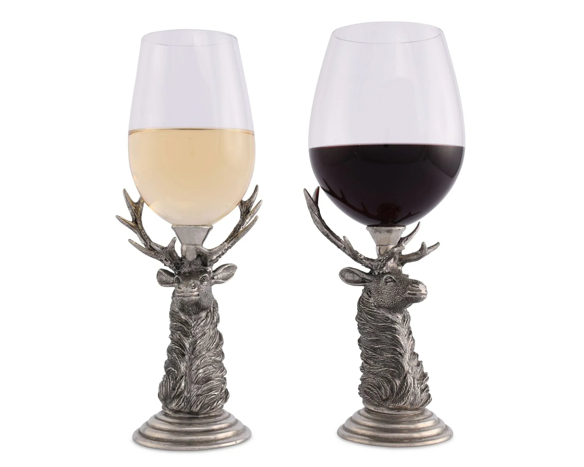 Two elk-shaped wine glasses filled with white and red wine - Your Western Decor