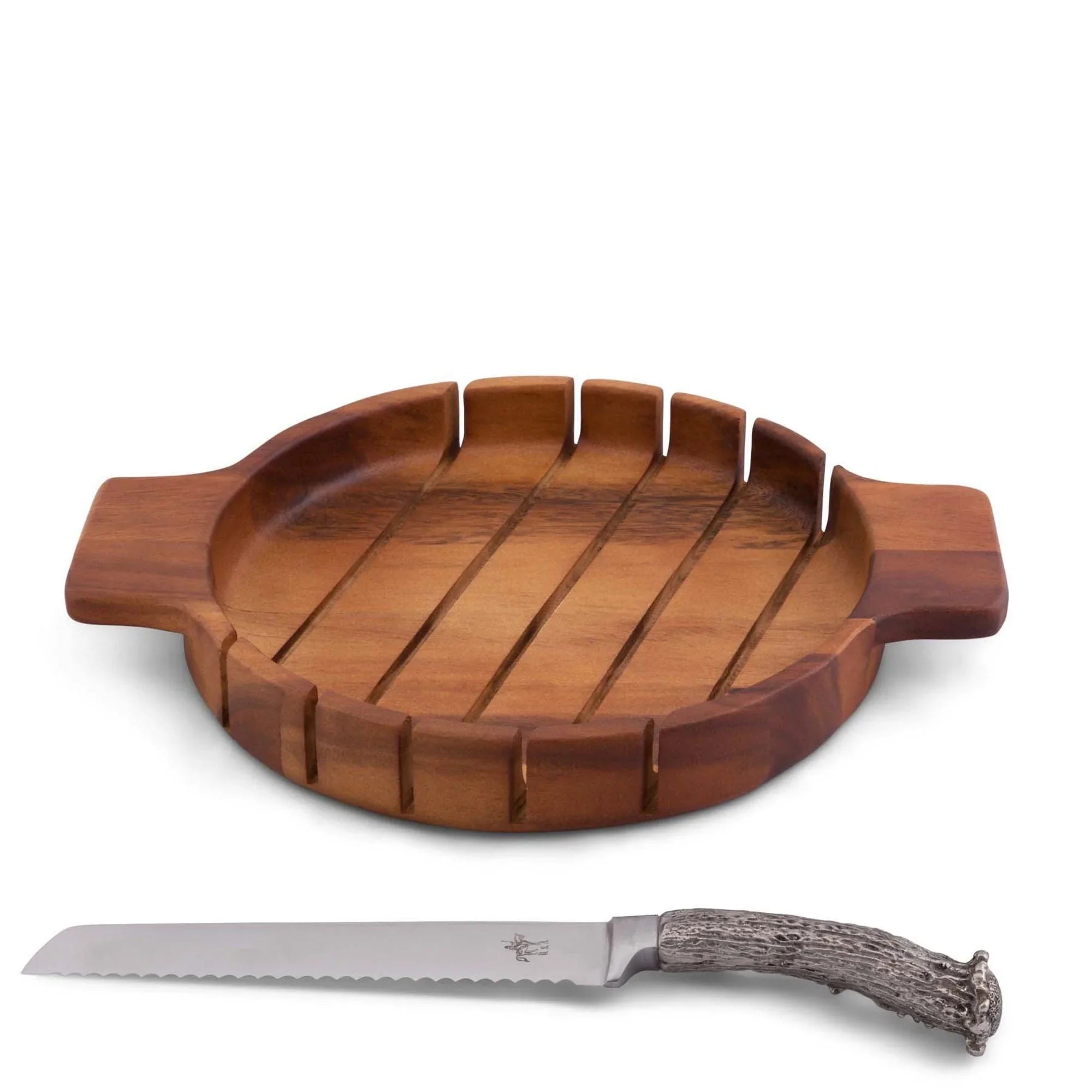 Round bread cutting board with pewter antler handled bread knife - Your Western Decor