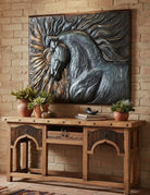 3D horse wall sculpture art on brick wall over rustic wood console