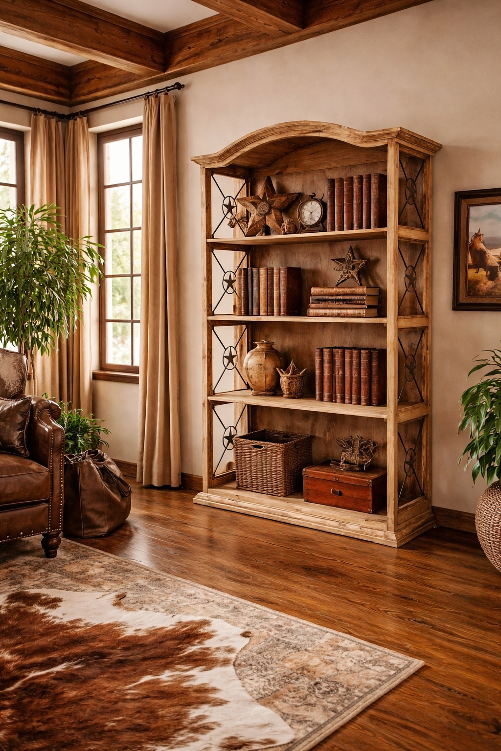 Lone Star Ranch solid wood Western bookcase staged on hardwood floors in a bright ranch-style office with high beam ceilings, large windows, rustic décor, and leather seating, styled with books and Western accents on the shelves.
