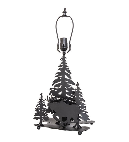 Black metal moose and pine tree lamp base with detailed forest silhouette design