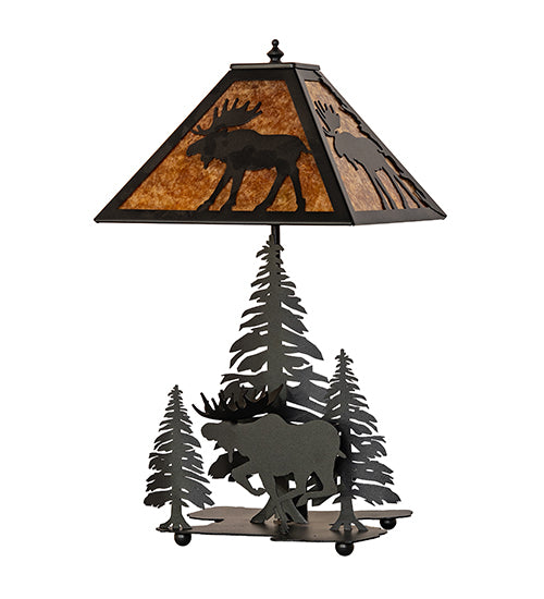 Lone moose table lamp with amber mica shade and forest silhouette base unlit