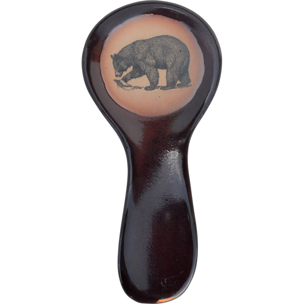 Handmade glazed pottery spoon rest with Lonesome Bear image, made in the USA - Your Western Decor