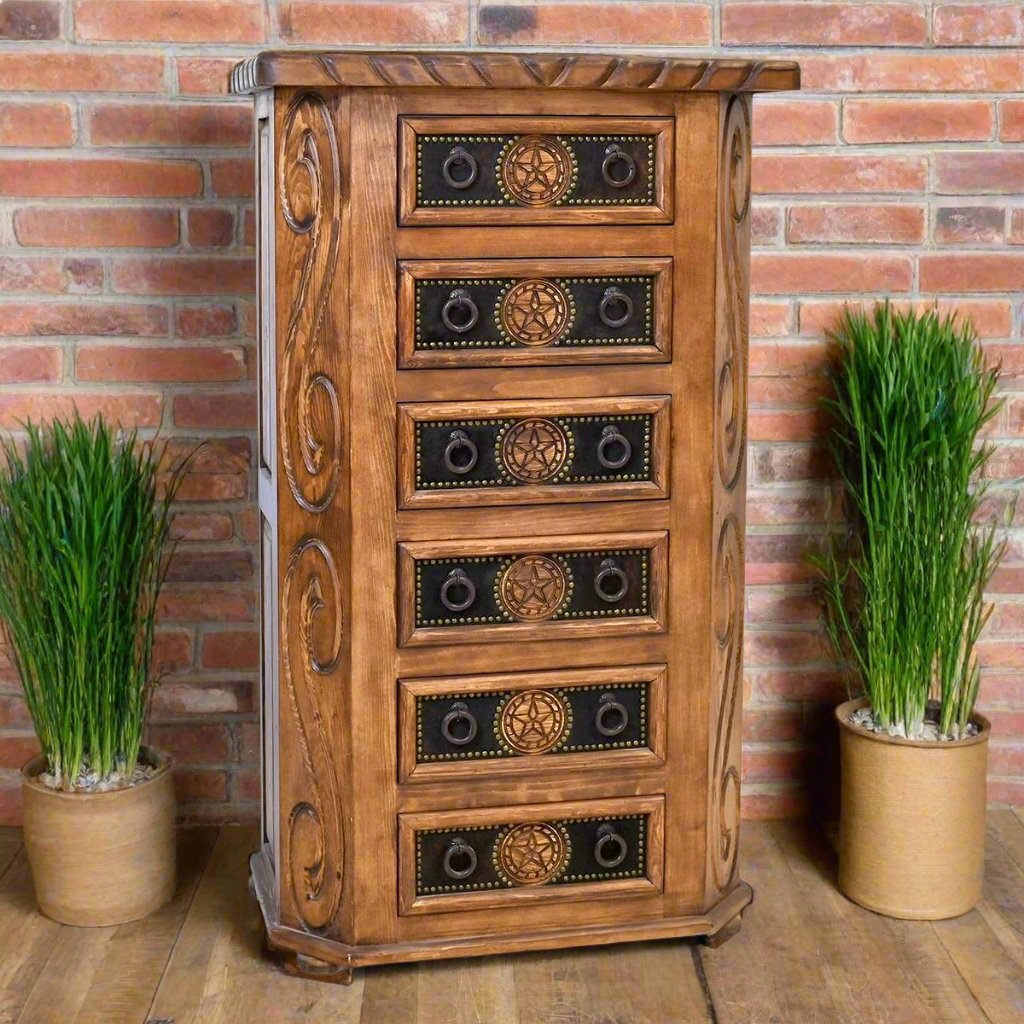 Lonestar western chest of drawers with cowhide, taking, carvings, and iron details - Your Western Decor