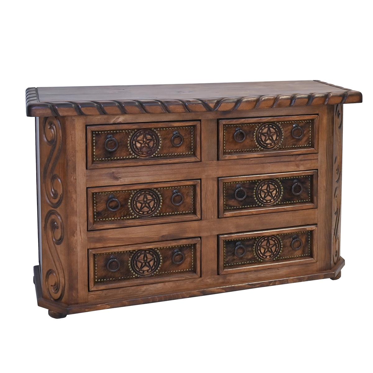 Lonestar Cowhide Dresser with Texas star carving, brindle cowhide, iron hardware, and tacking - Your Western Decor