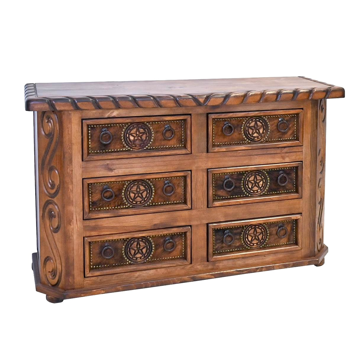 Lonestar cowhide dresser with rustic and western accents, hand carved in Mexico - Your Western Decor