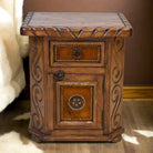 Western nightstand with cowhide, carvings, nail head trim - Made in Mexico - Your Western Decor