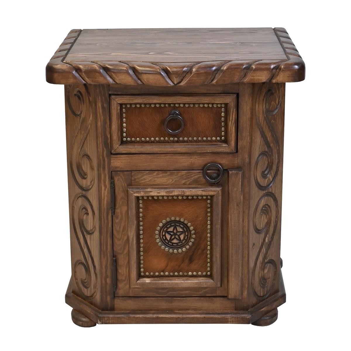 Lonestar western nightstand with carvings and cowhide accents - Your Western Decor