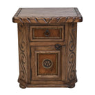 Lonestar western nightstand with carvings and cowhide accents - Your Western Decor