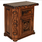 Hand carved western nightstand with drawer and door, brindle cowhide and iron accents - Your Western Decor