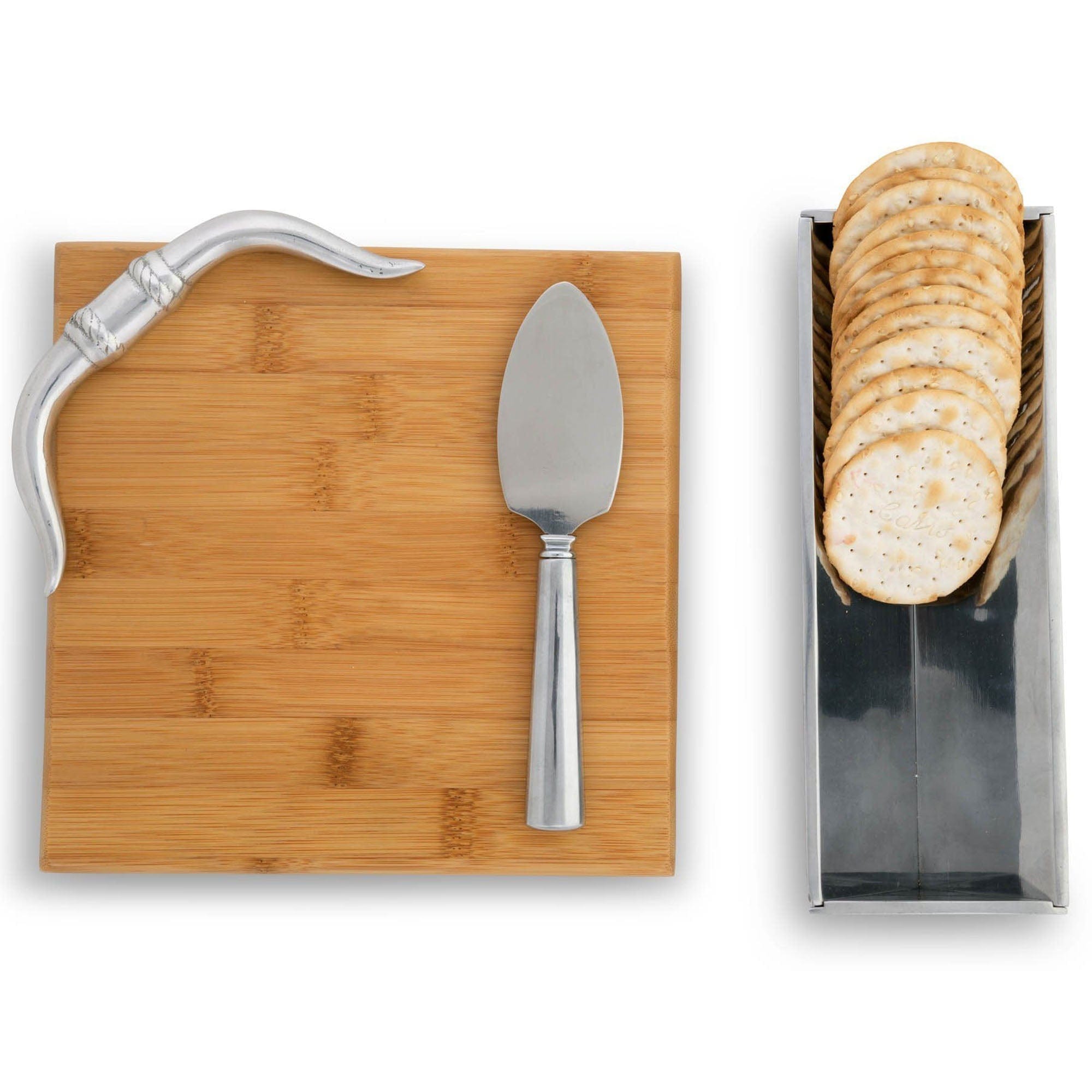 Longhorn Bamboo Cheese Set - Aluminum Longhorn on corner of board - Your Western Decor