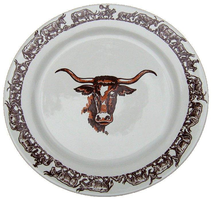 White plate with longhorn and western cattle drive patterns made in the USA - Your Western Decor