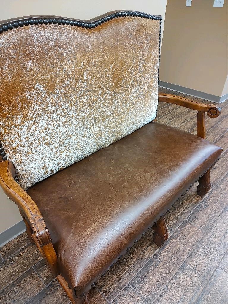 Leather and Longhorn Cowhide Settee - Custom Upholstered Furniture - Your Western Decor