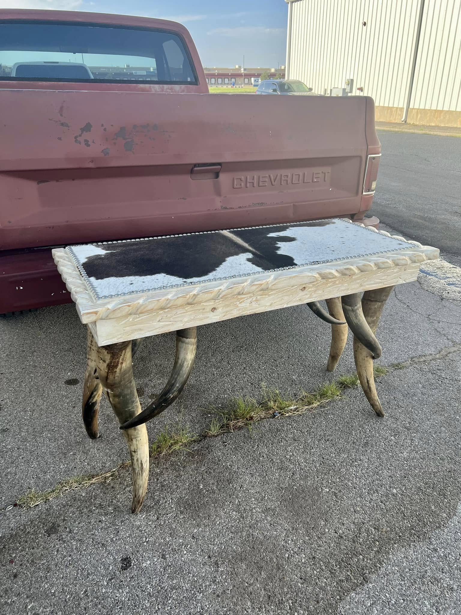 custom made longhorn leg and cowhide top sofa table 