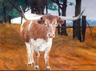 Painting of a longhorn cow standing in a field with trees and a fence in the background. Art by Sherri Alexander , Texas  USA for Your Western Decor