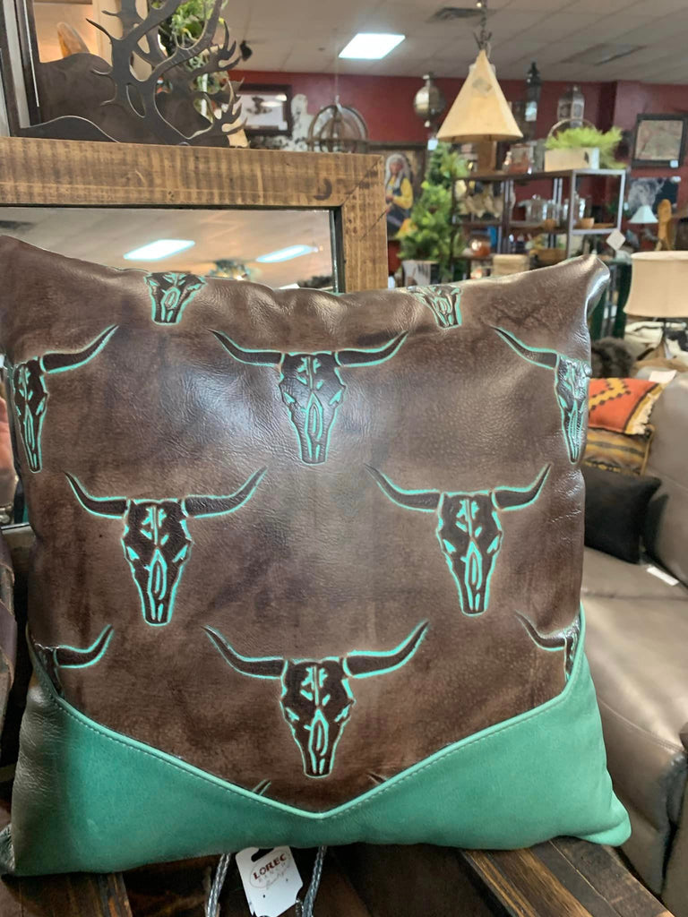 Longhorn embossed leather pillow with turquoise - Your Western Decor 