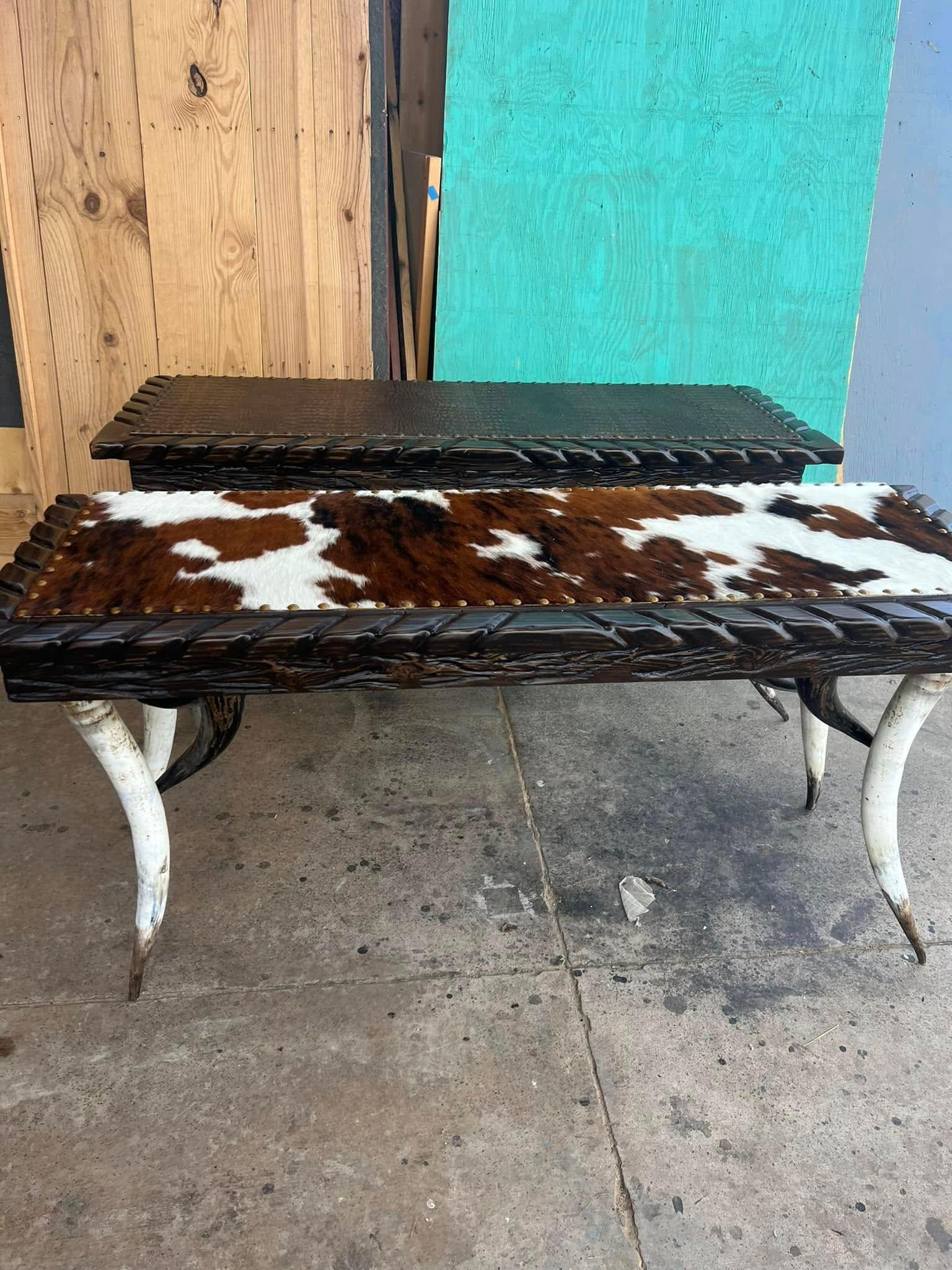 Handcrafted cowhide sofa tables for ranch and lodge interiors