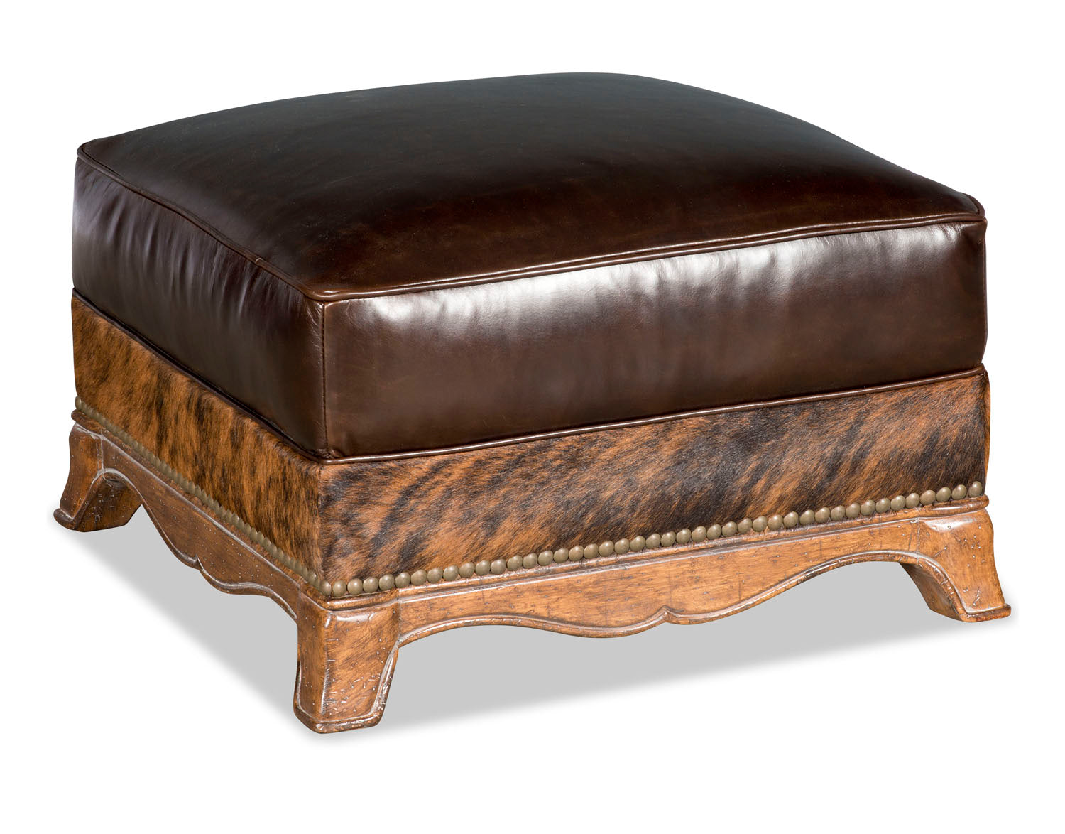 rustic luxury leather ottoman with hair on hide panel western lodge style accent furniture American made