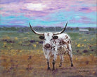 Pearl longhorn canvas art by Sherri Alexander featuring a Texas longhorn standing in an open prairie landscape with pastel Western skies