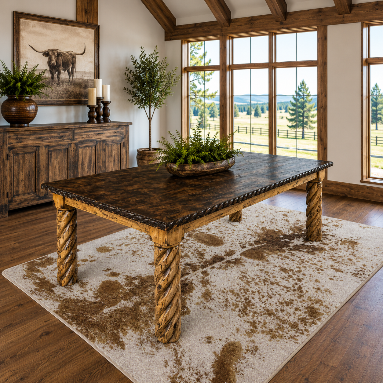 Longhorn Ridge Western dining table with twisted carved legs on Longhorn Spotted rug 