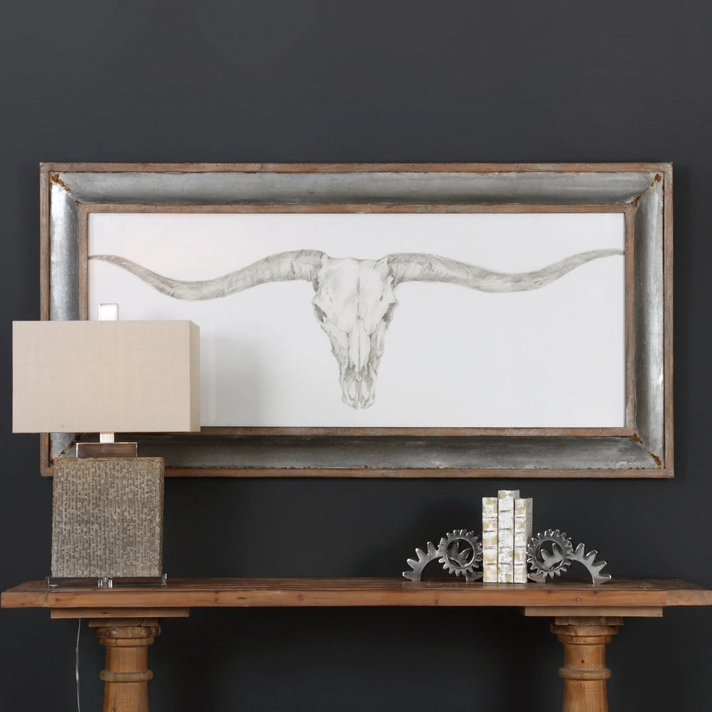 Longhorn Skull Western Framed Art, galvanized tin and barn wood frame  5.9' - Your Western Decor