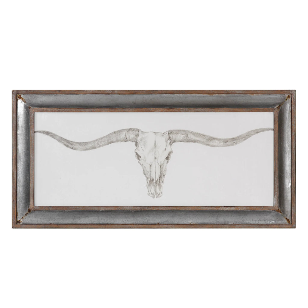 Black and white sketch Longhorn Skull Western Framed Art, galvanized tin and barn wood frame  5.9' - Your Western Decor