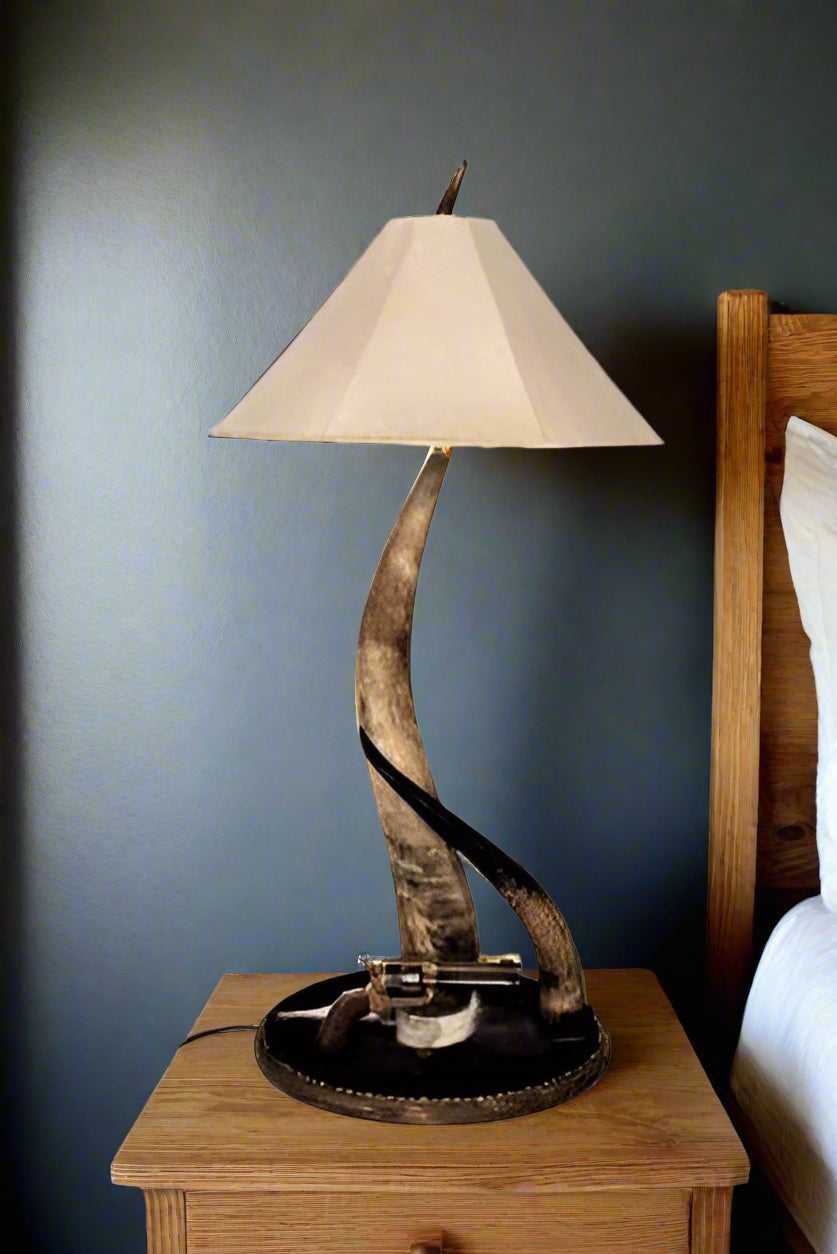 Double Longhorn Steer Horn Tall Table Lamp with natural rawhide lamp shade - Your Western Decor