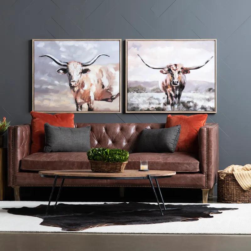 Texas Longhorn Art 2-pc set with natural wood frames - Your Western Decor