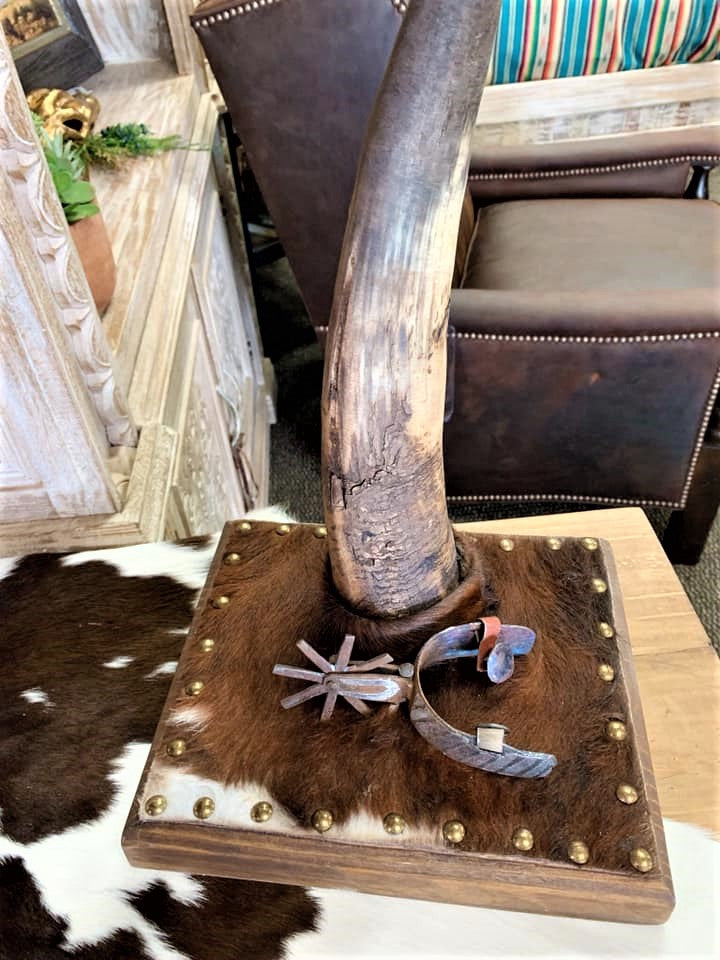 Longhorn table lamp base with cowhide detail - Your Western Decor