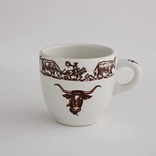 white coffee cup with longhorn steer and cattle-drive imagery - made in the USA - Your Western Decor