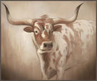 Painting of a longhorn cow with large horns on a beige background - Your Western Decor