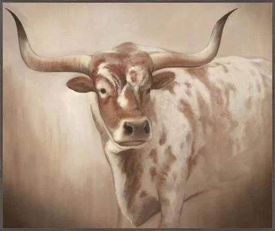 Painting of a longhorn cow with large horns on a beige background - Your Western Decor