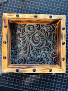 Black cowhide coasters with artisan wood display box